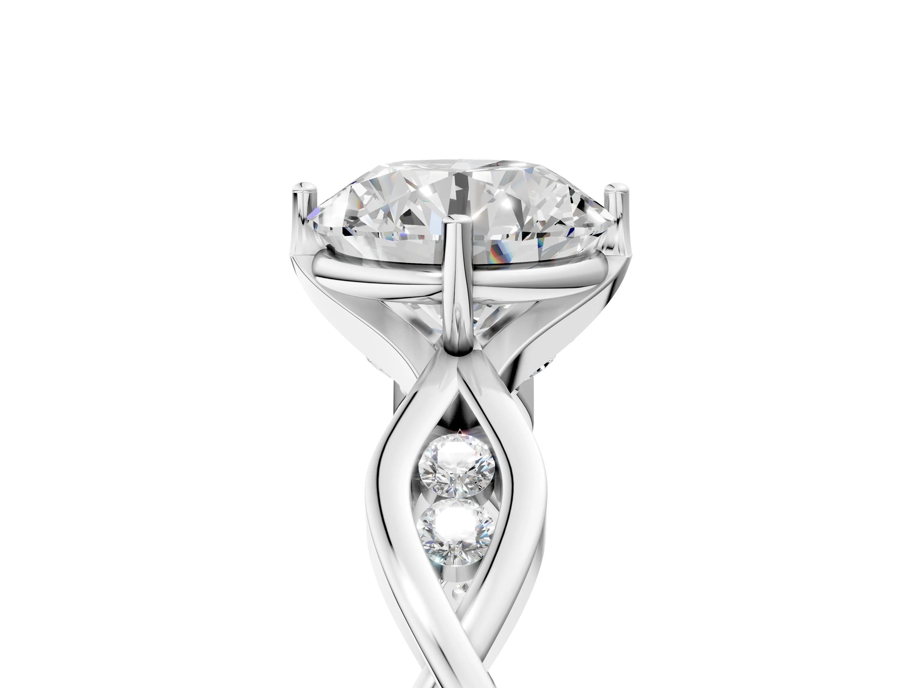 White gold Round Solitaire Twist Band with Leaf Prong Setting