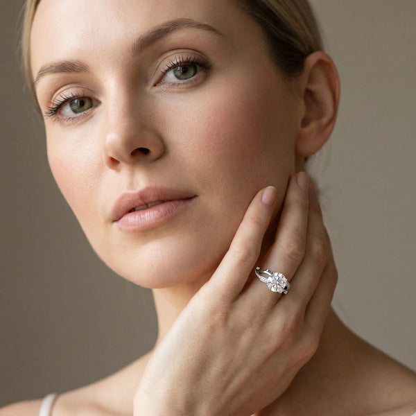 White gold Round Solitaire Twist Band with Pavé Accents and Four-Prong Setting