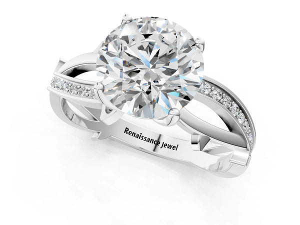 White gold Round Solitaire Twist Band with Pavé Accents and Four-Prong Setting