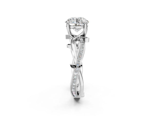 White gold Round Solitaire Twist Band with Pavé Accents and Four-Prong Setting