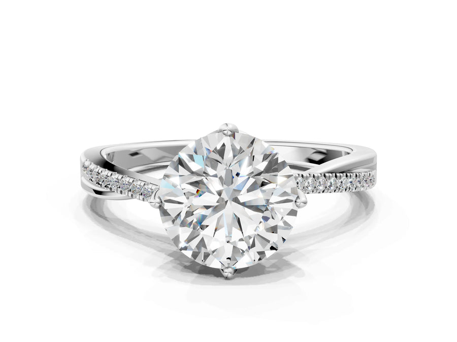 White gold Round Solitaire Twist Band with Pavé Diamonds and Four-Prong Setting