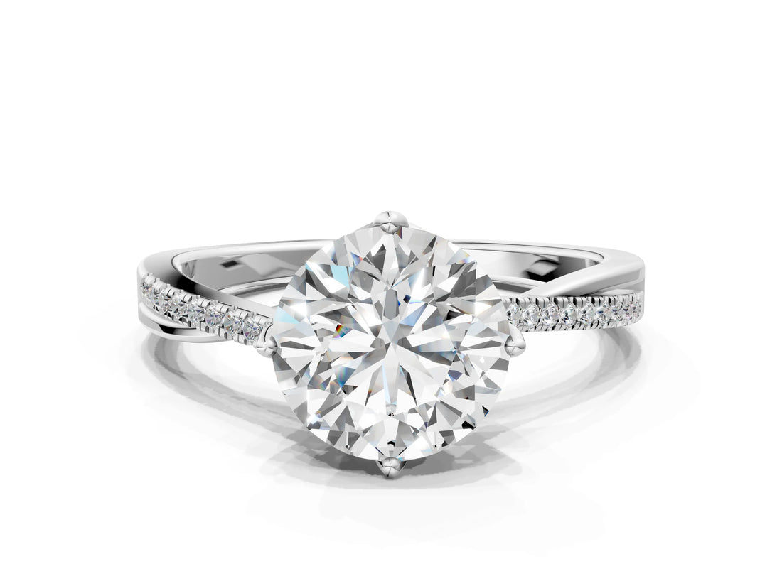 White gold Round Solitaire Twist Band with Pavé Diamonds and Four-Prong Setting_112