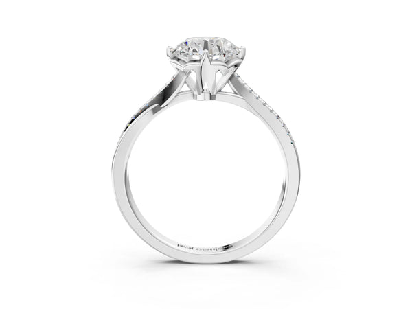White gold Round Solitaire Twist Band with Pavé Diamonds and Four-Prong Setting