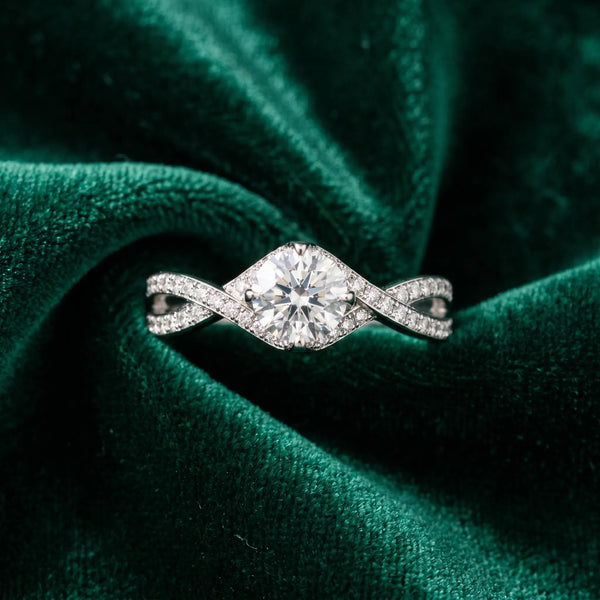White gold Round Solitaire Twist Band with Pavé Setting and Four-Prong Mount
