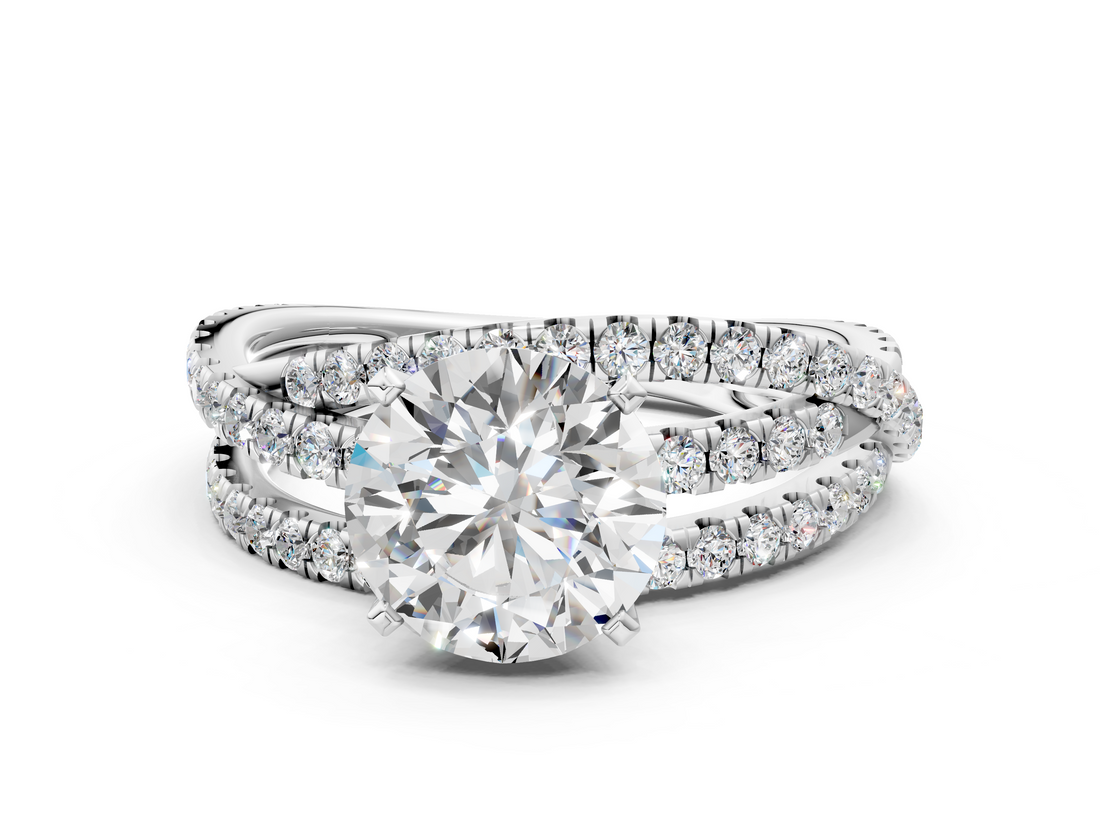 White gold Round Solitaire Twist Band with Pavé Setting and Four-Prong Setting_131