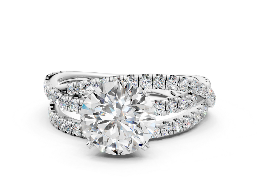 White gold Round Solitaire Twist Band with Pavé Setting and Four-Prong Setting