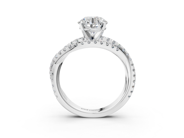 White gold Round Solitaire Twist Band with Pavé Setting and Four-Prong Setting