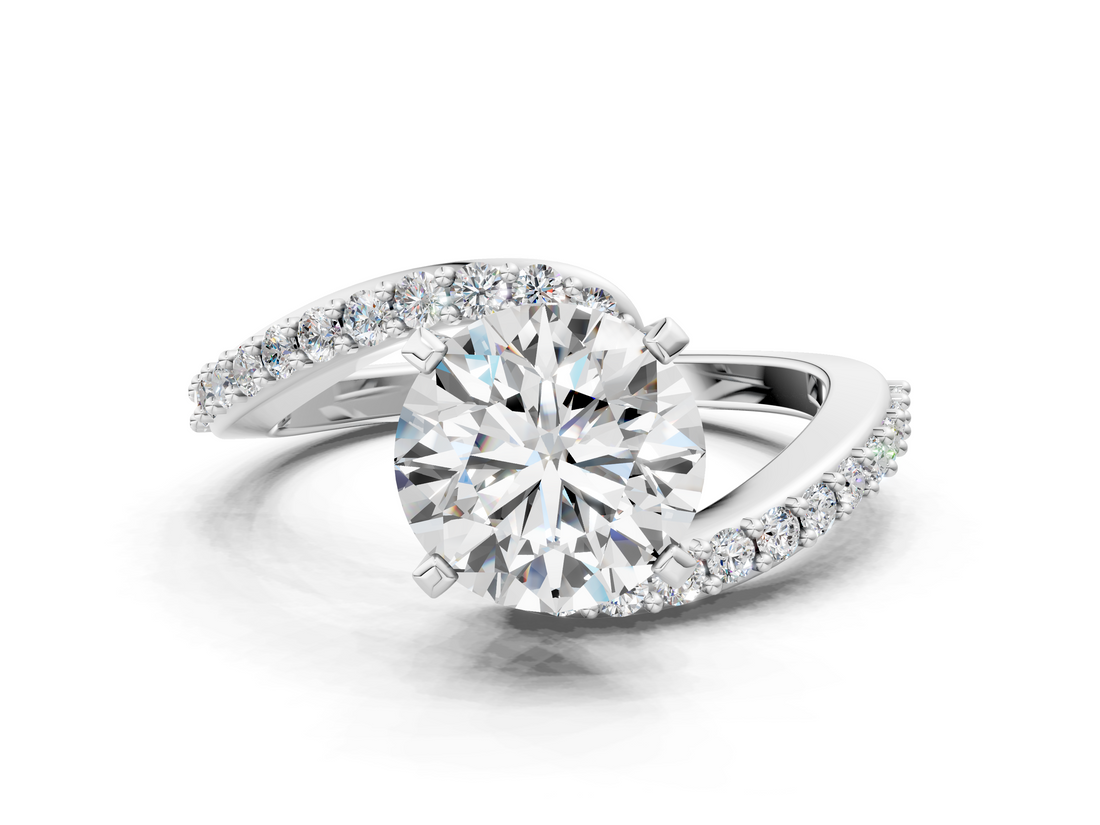 White gold Round Solitaire Twist Band with Pave Set Diamonds and Four-Prong Setting_109