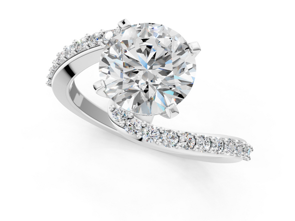 White gold Round Solitaire Twist Band with Pave Set Diamonds and Four-Prong Setting