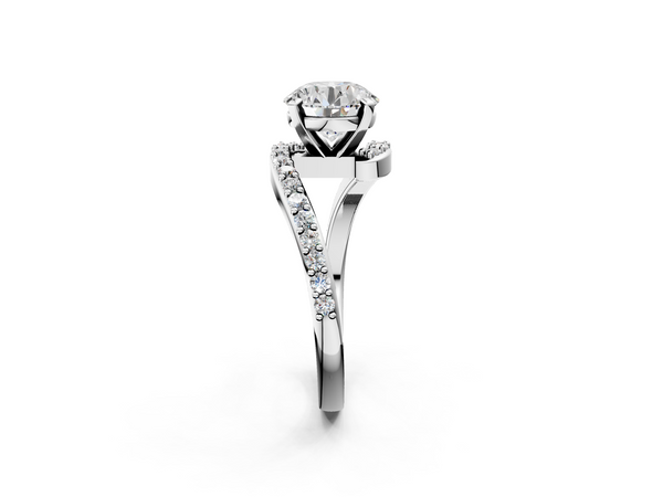 White gold Round Solitaire Twist Band with Pave Set Diamonds and Four-Prong Setting