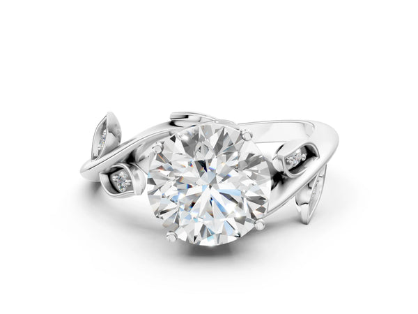 White gold Round Solitaire Twist Engagement Ring with Leaf Accents and Prong Setting