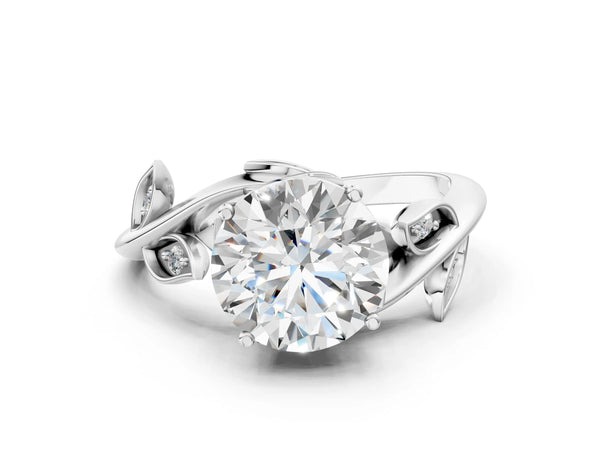 White gold Round Solitaire Twist Engagement Ring with Leaf Accents and Prong Setting