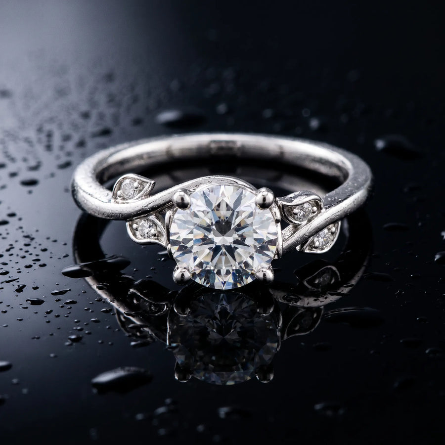 White gold Round Solitaire Twist Engagement Ring with Leaf Accents and Prong Setting