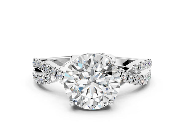 White Gold Round Twisted Split Shank Engagement Ring Setting with Slim Pave Strands and Pave Gallery