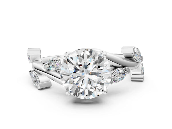 White gold Round Solitaire Twisted Band Marquise Accent Prong Setting Ring
