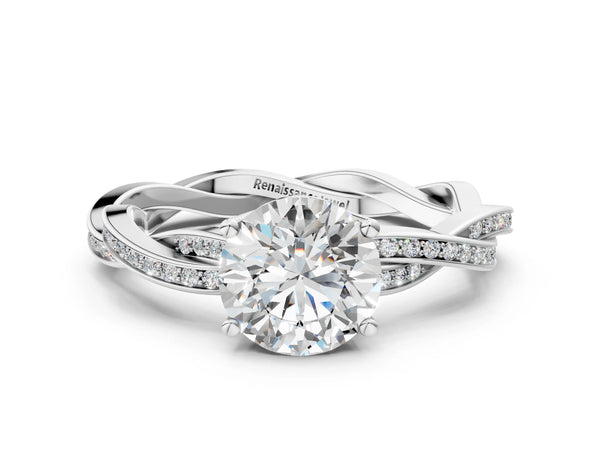 White gold Round Solitaire Twisted Band Pavé Diamond Ring