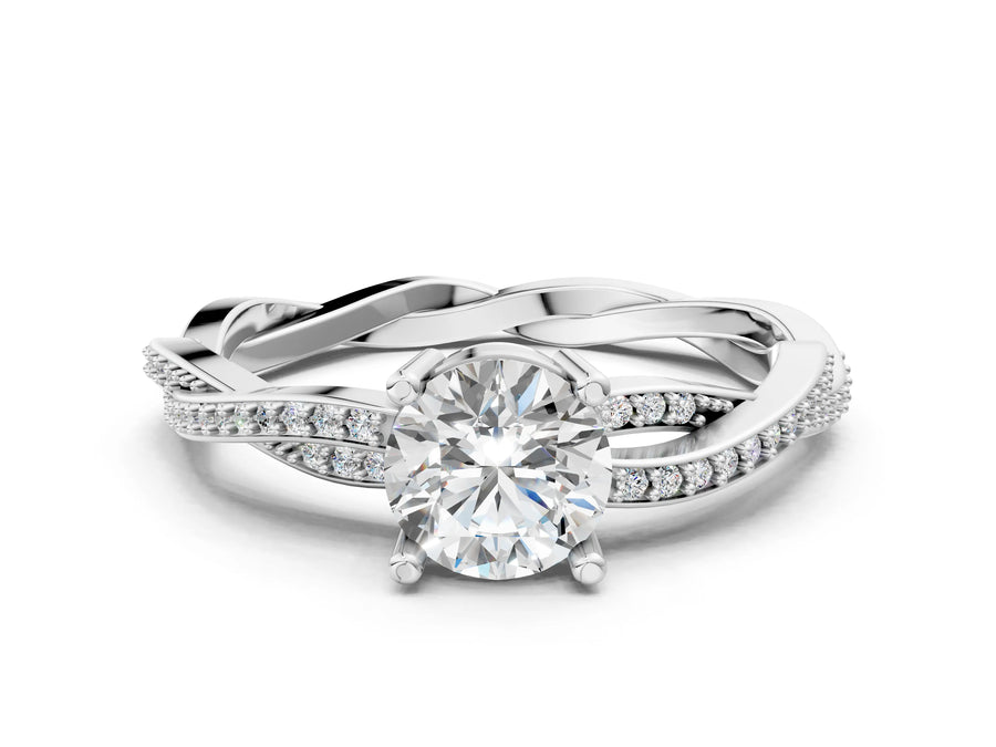 White gold Round Solitaire Twisted Band Pavé Diamond Ring