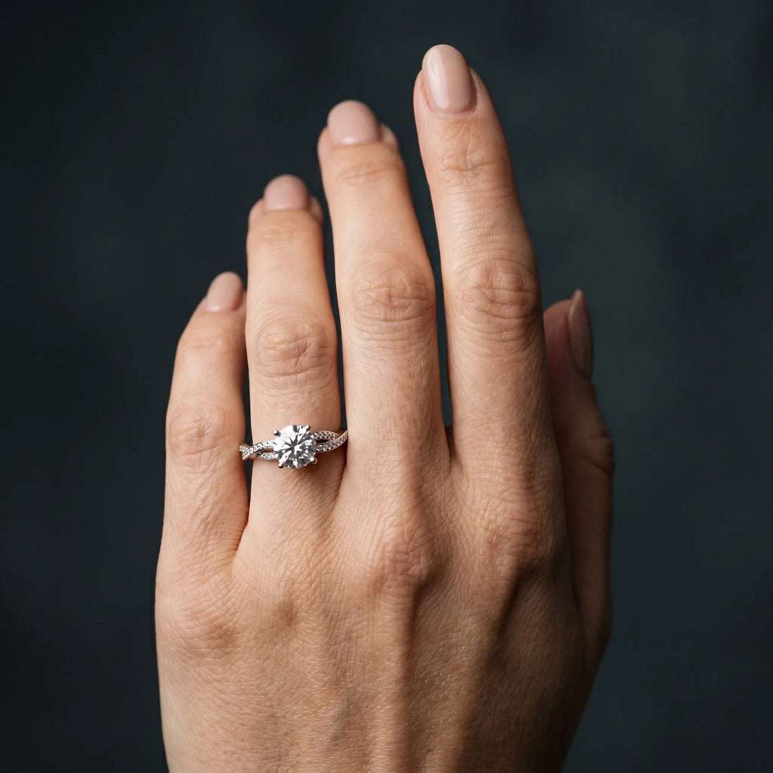 White gold Round Solitaire Twisted Band Pavé Diamond Ring_96