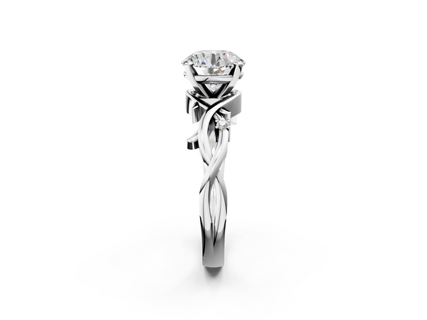 Platinum Round Solitaire Engagement Ring Setting with Vine Twist Band, Leaf Curls and Accents