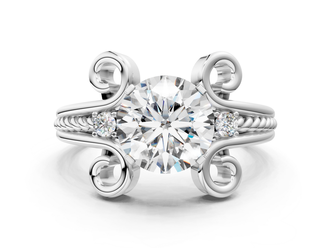 White gold Round Solitaire Twisted Band Scroll Prong Ring_3