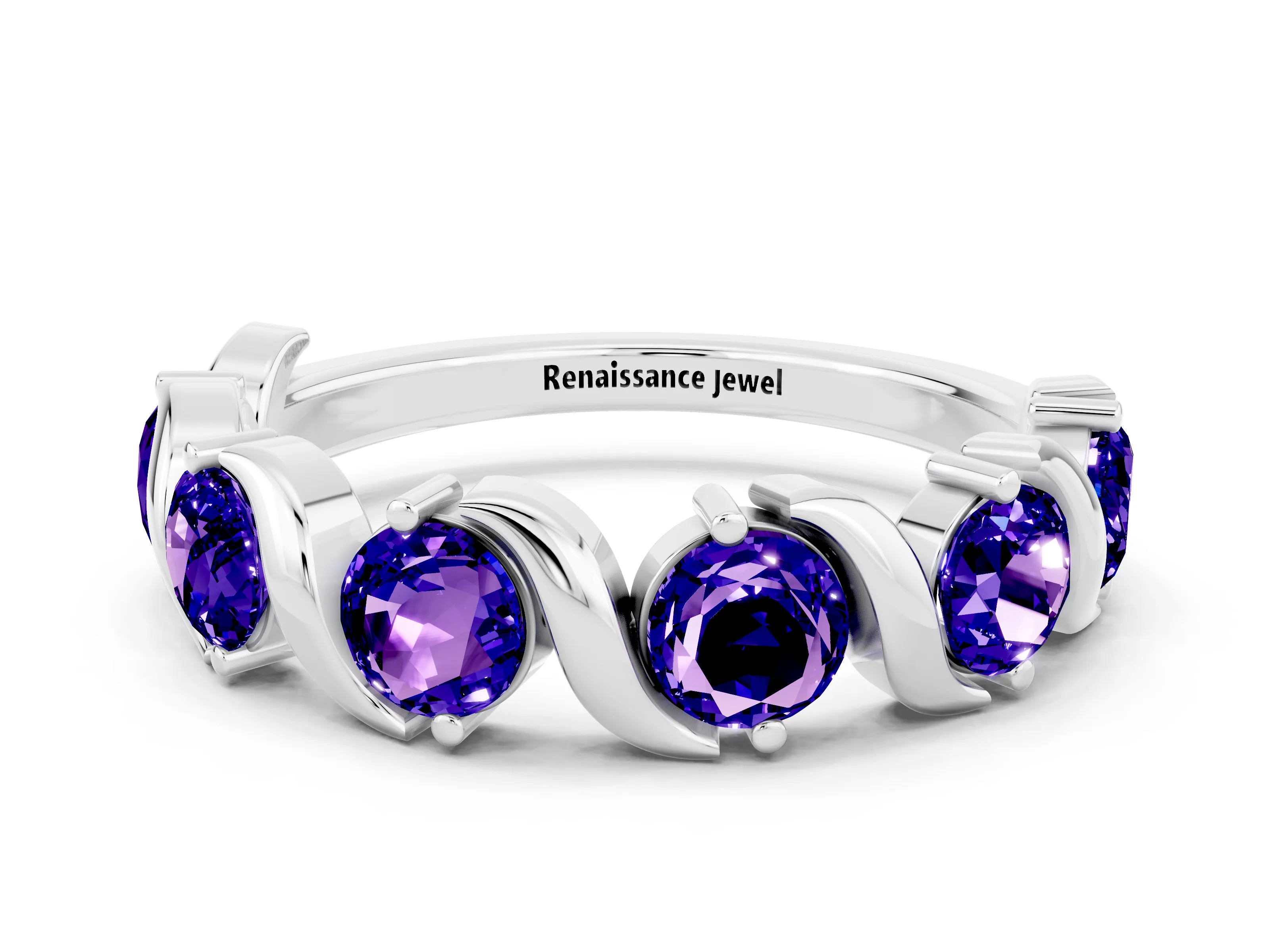 White gold Round Tanzanite Half Eternity Band with Wave Prong Setting_6
