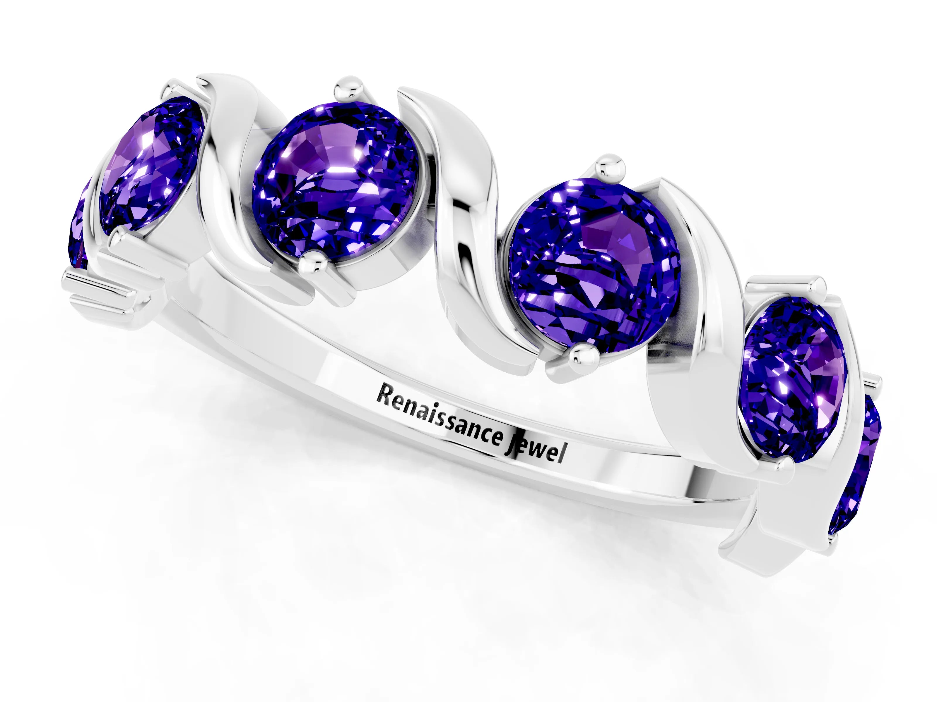 White gold Round Tanzanite Half Eternity Band with Wave Prong Setting_7