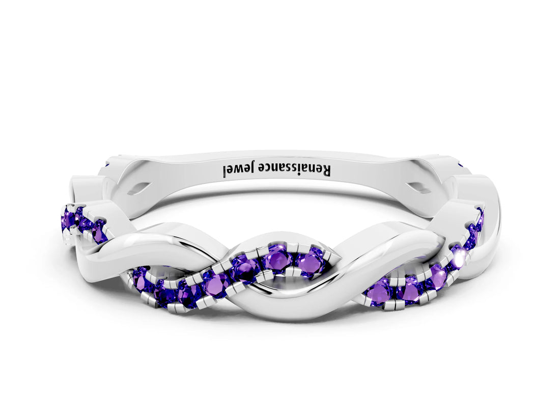 White gold Round Tanzanite Twist Eternity Band with Pavé Setting_6