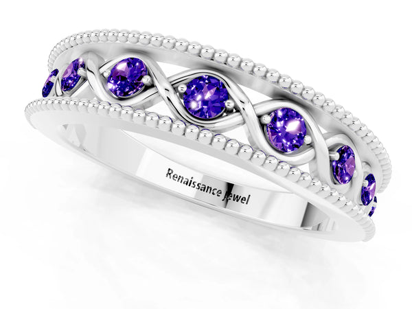 Platinum Round Tanzanite Vintage Twist Wedding Band with Milgrain Rails
