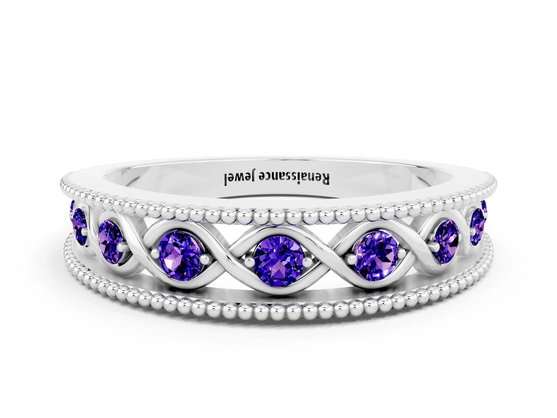 White gold Round Tanzanite Twist Milgrain Band with Bezel Setting_12