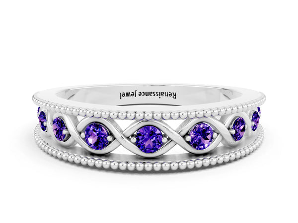 White Gold Round Tanzanite Vintage Twist Wedding Band with Milgrain Rails