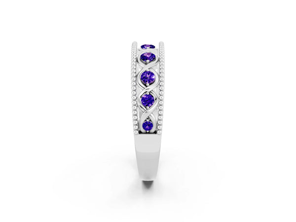 White Gold Round Tanzanite Vintage Twist Wedding Band with Milgrain Rails