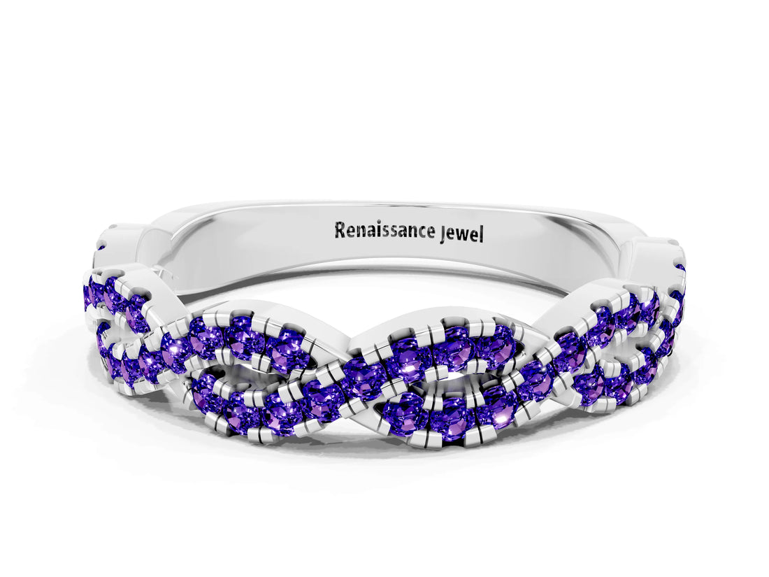 White gold Round Tanzanite Twisted Eternity Band with Pavé and Shared Prong Setting_18