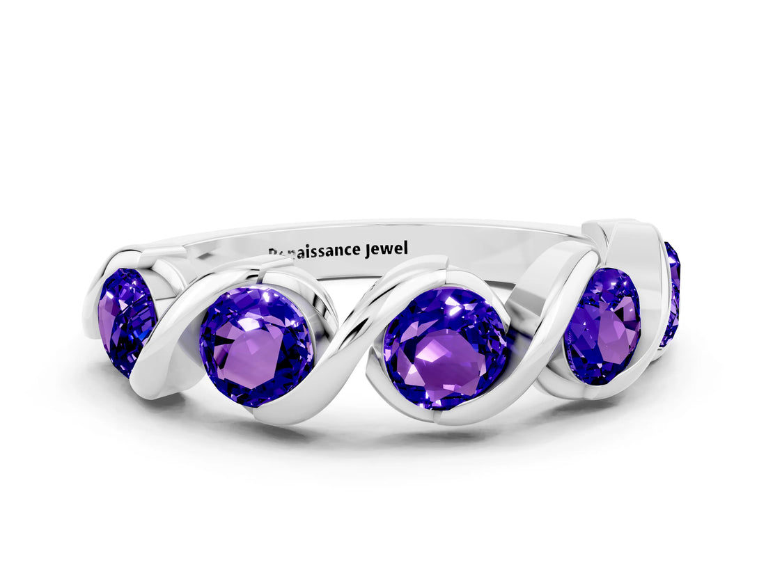 White gold Round Tanzanite Wave Band with Channel Setting and Shared Prongs_6