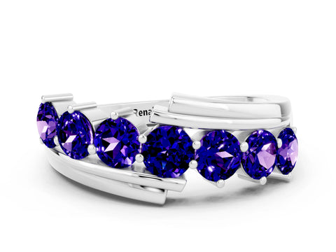 White gold Round Tanzanite Wave Band with Channel and Shared Prong Setting_18