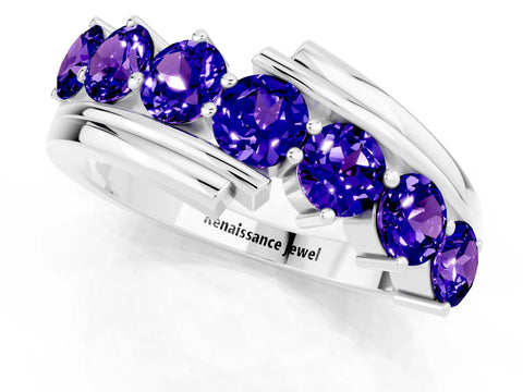 White gold Round Tanzanite Wave Band with Channel and Shared Prong Setting_19