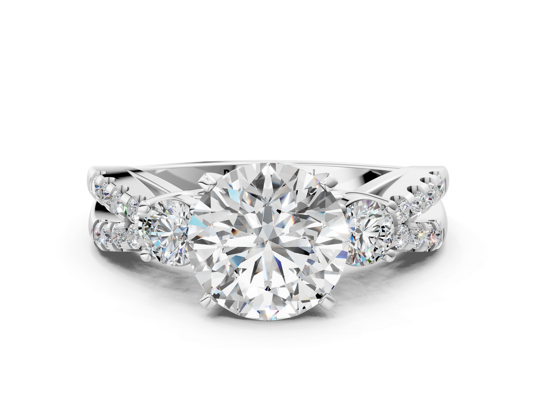 White gold Round Three-Stone Diamond Ring with Pavé Split Shank and Four-Prong Setting_102