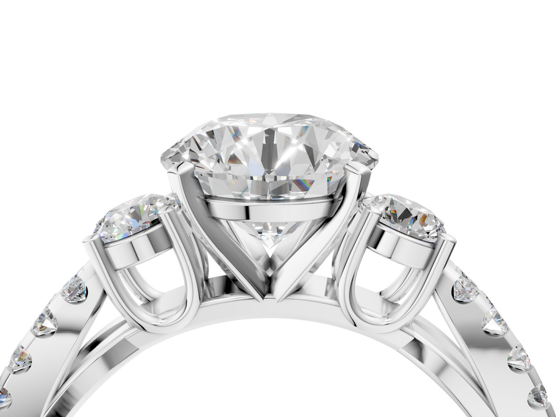 White gold Round Three-Stone Diamond Ring with Pavé Split Shank and Four-Prong Setting_111