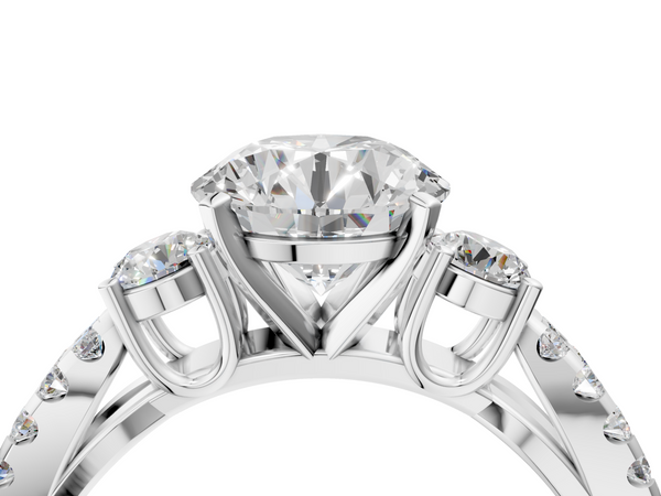 White Gold Round Three Stone Engagement Ring Setting with Rimmed Round Sides and Pave Split Shank