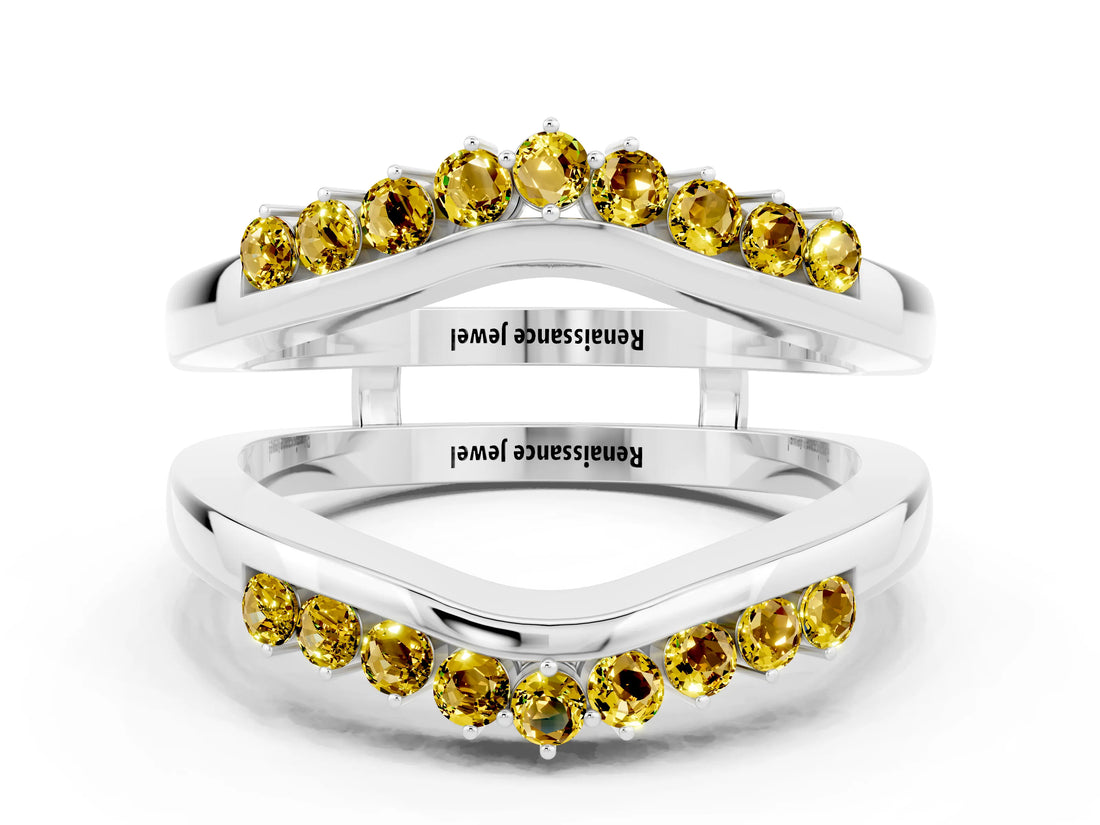 White gold Round Yellow Sapphire Chevron Contour Band with Prong Setting_18