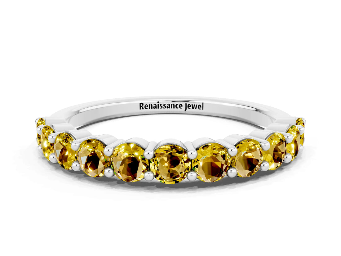 White gold Round Yellow Sapphire Half Eternity Band with Prong Setting_18