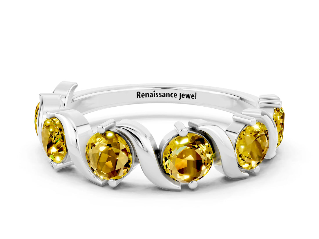 White gold Round Yellow Sapphire Half Eternity Band with Wave Prong Setting_6