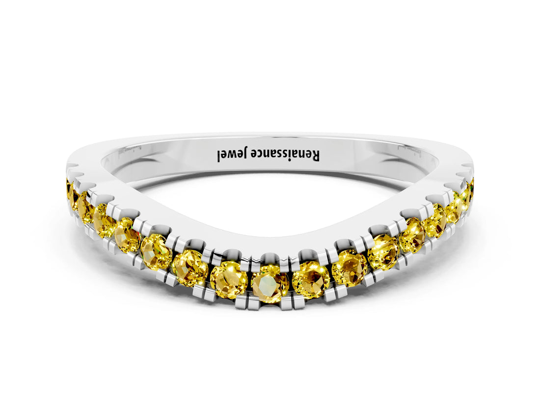 White gold Round Yellow Sapphire Pavé Curved Band with Shared Prong Setting_18