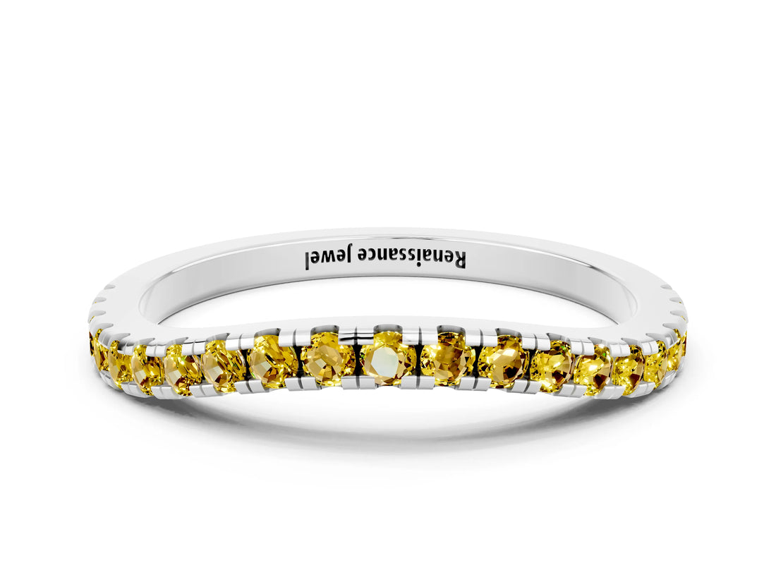 White gold Round Yellow Sapphire Pavé Half Eternity Band with Shared Prong Setting_18