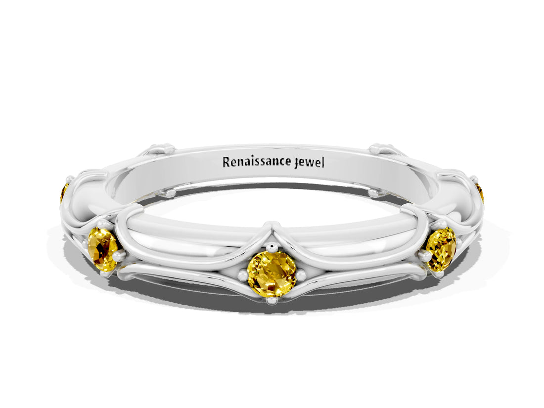 White gold Round Yellow Sapphire Prong Set Milgrain Eternity Band_6