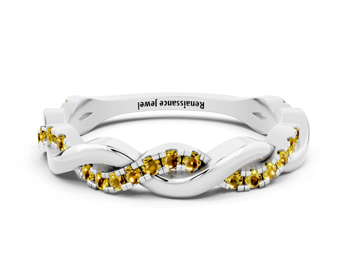 White gold Round Yellow Sapphire Twist Eternity Band with Pavé Setting_6