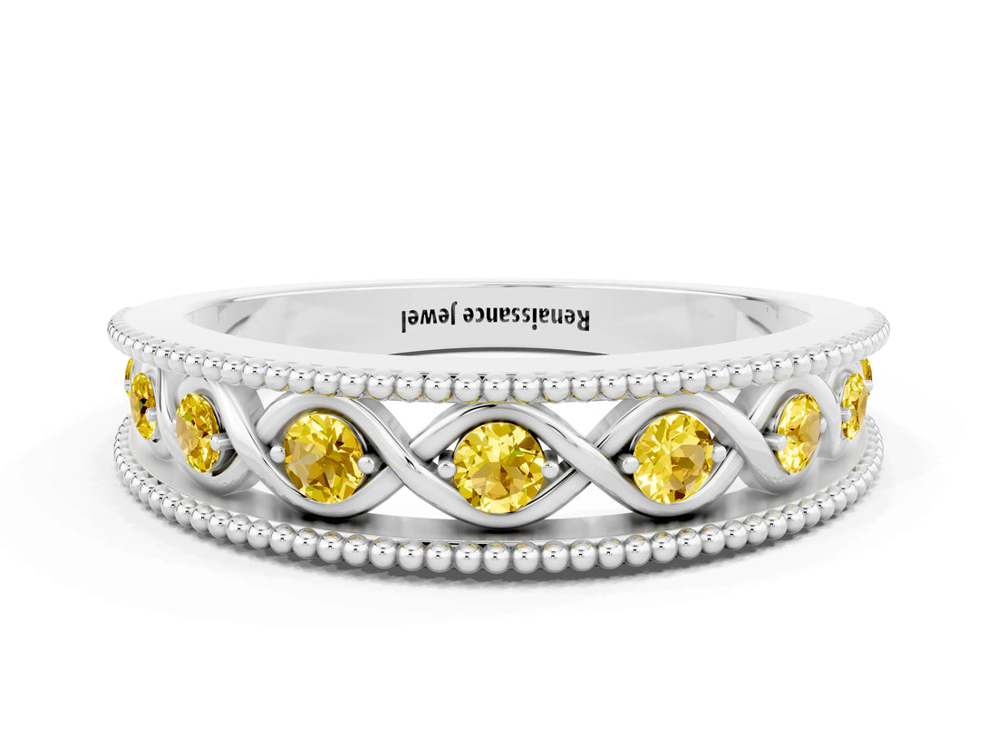 White gold Round Yellow Sapphire Twist Milgrain Band with Bezel Setting
