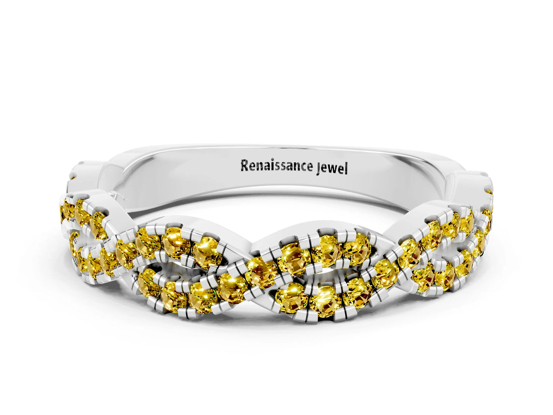 White gold Round Yellow Sapphire Twisted Eternity Band with Pavé and Shared Prong Setting_30