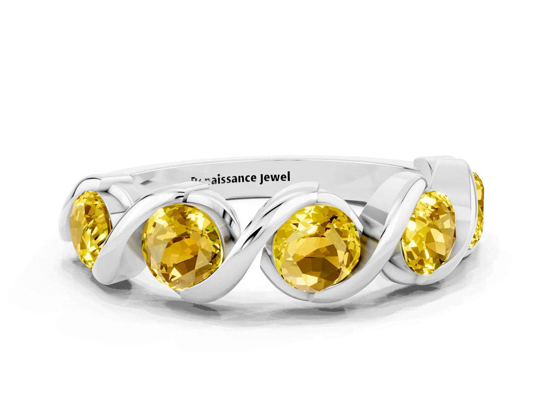 White gold Round Yellow Sapphire Wave Band with Channel Setting and Shared Prongs_6