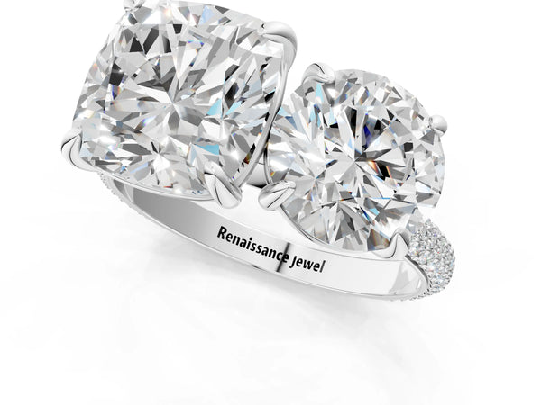 Platinum Round and Cushion Toi Moi Ring with Prong Setting and Micro Pave Band