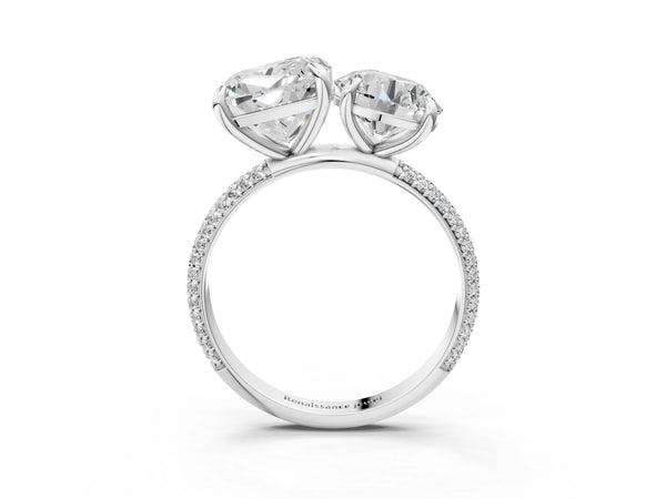 Platinum Round and Cushion Toi Moi Ring with Prong Setting and Micro Pave Band